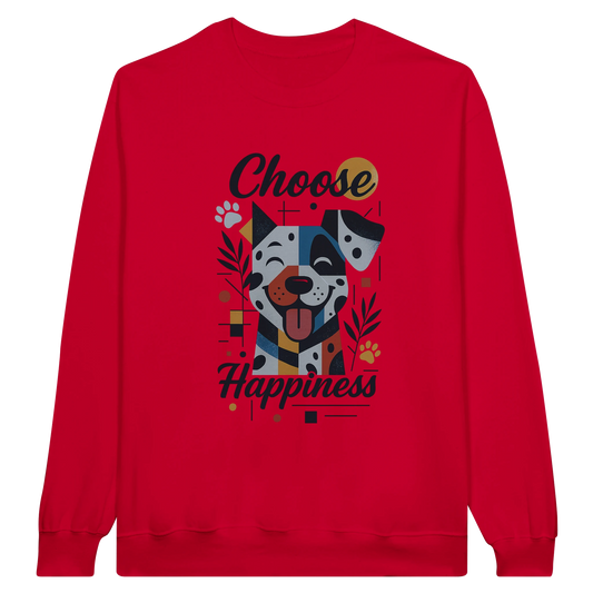 Front view — red sweatshirt with “Choose Happiness” dog graphic design.