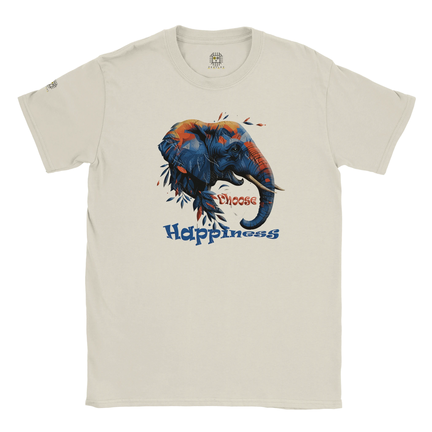 Beige unisex T-shirt with a colorful dog illustration and the slogan “Happiness is a Choice,” displayed flat.