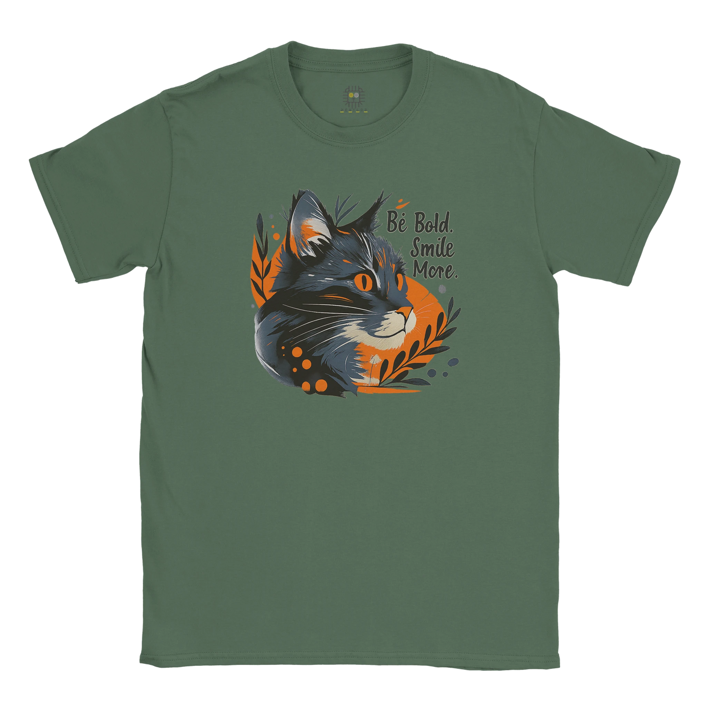 Green unisex T-shirt — front print: stylized wolf head with orange leaves; flat lay.