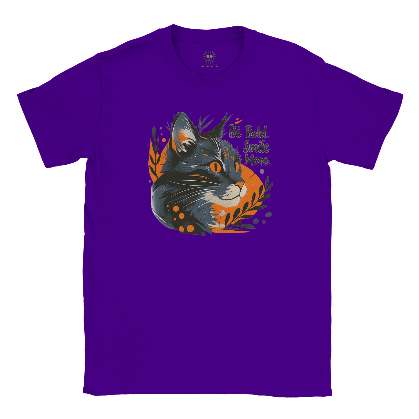 Purple unisex T-shirt — front print: stylized wolf head with orange leaves; flat lay.