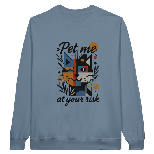 Light blue sweatshirt with cat graphic design and text “Pet me at your risk.”
