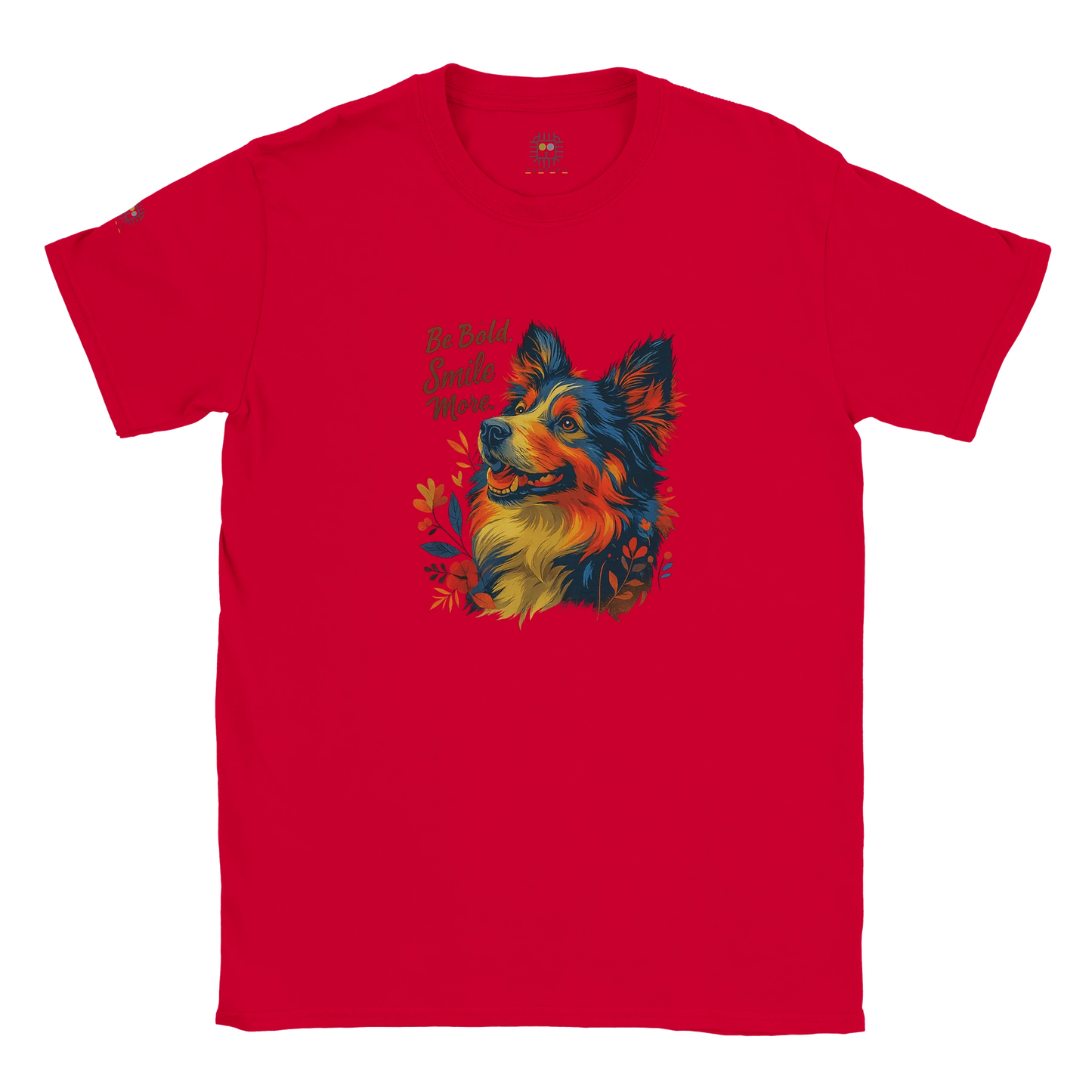 Red T-shirt – Red unisex inspirational graphic tee with artistic dog portrait in vivid colors and positive slogan “Be Bold, Smile More.” Unique motivational T-shirt for dog lovers.