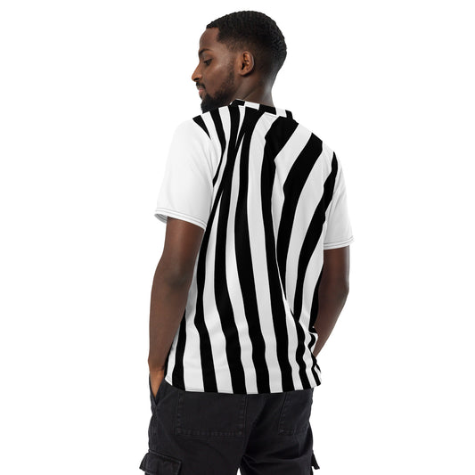 White short-sleeve T-shirt with black wavy vertical stripes, side view on model.