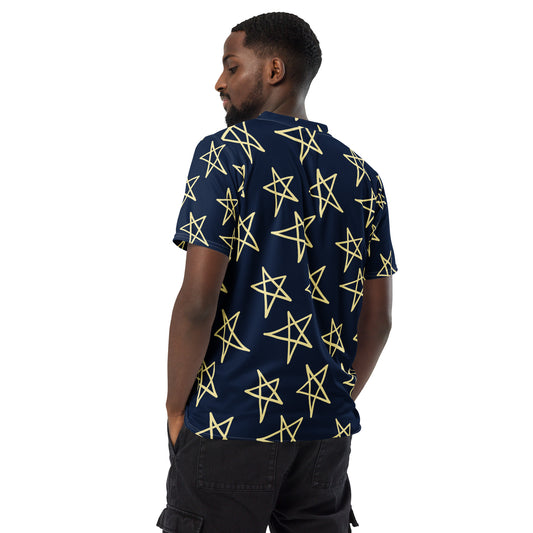 Navy short-sleeve shirt with yellow star pattern, side view on model.