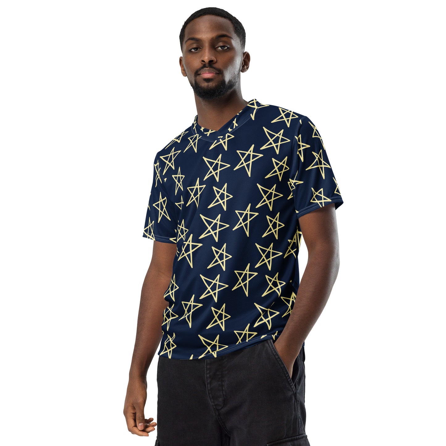 Navy short-sleeve shirt with yellow star pattern, full-body front view on model.