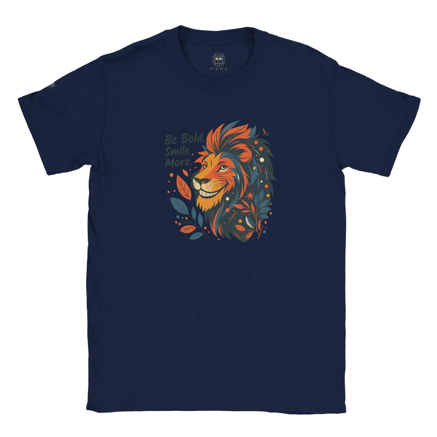 Navy blue unisex T-shirt with a lion illustration and slogan “Be Bold Stay Strong,” displayed flat.