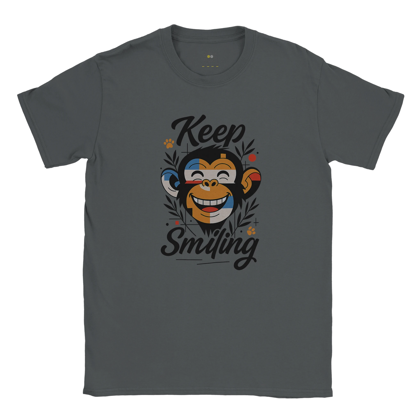 Dark gray unisex T-shirt — front print: smiling monkey with Keep Smiling; flat lay.