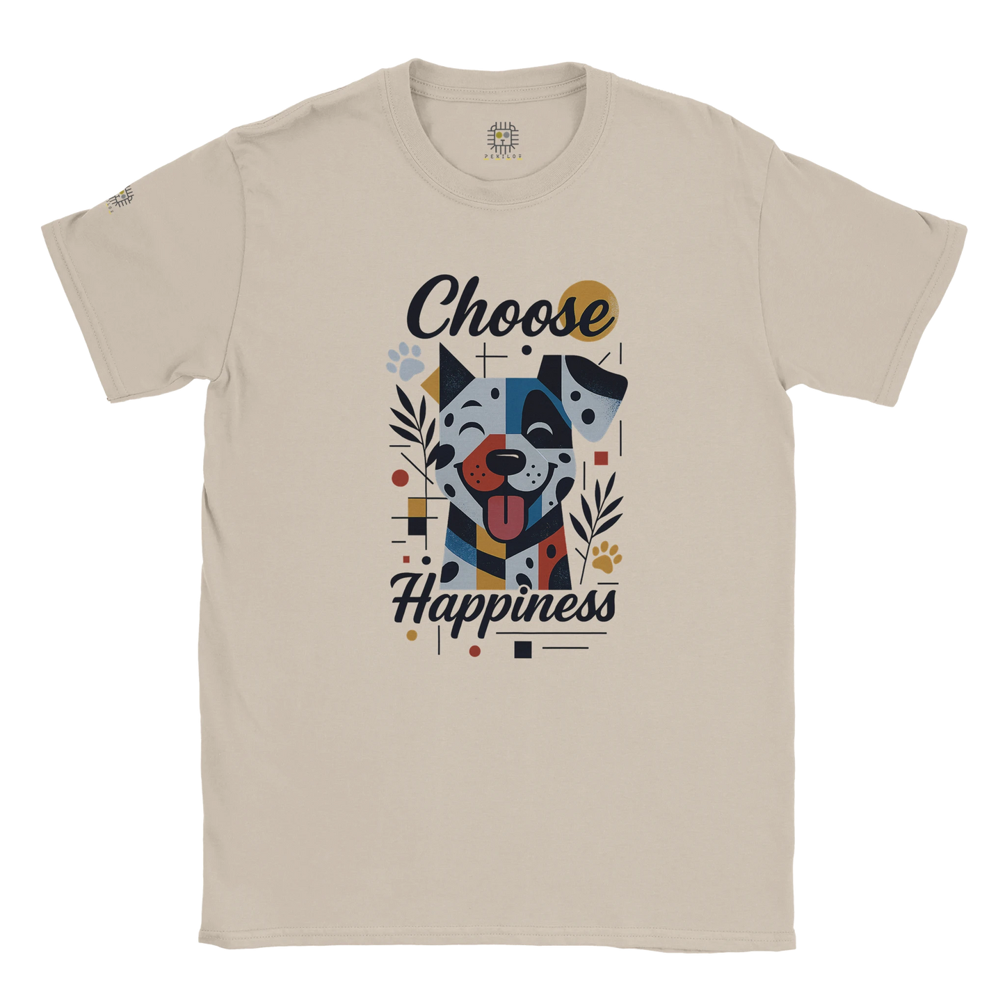 Beige T-shirt – Beige unisex inspirational graphic tee featuring a colorful dog illustration surrounded by flowers and the uplifting slogan “Choose Happiness.” Perfect motivational T-shirt for everyday wear.