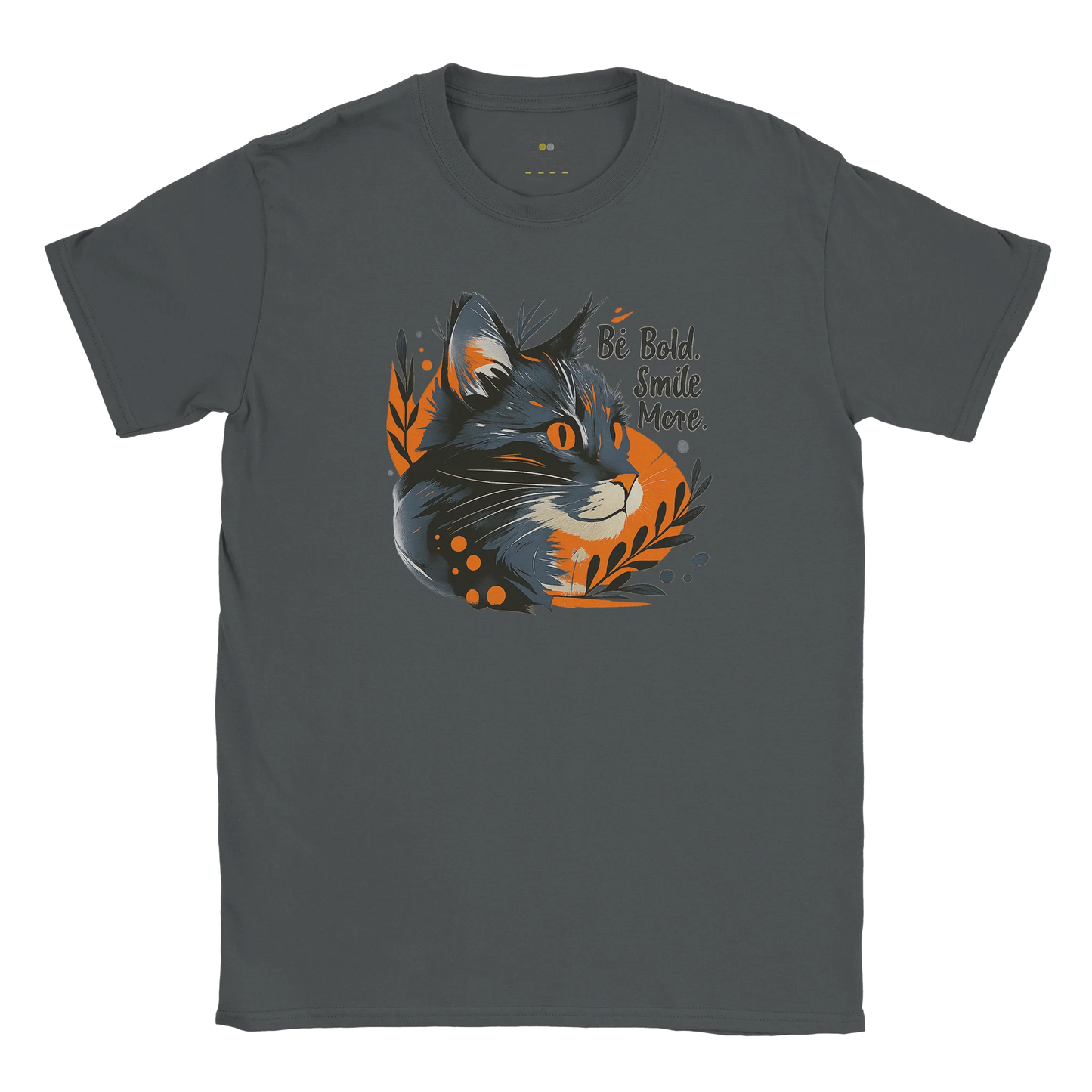 Dark gray unisex T-shirt — front print: stylized wolf head with orange leaves; flat lay.