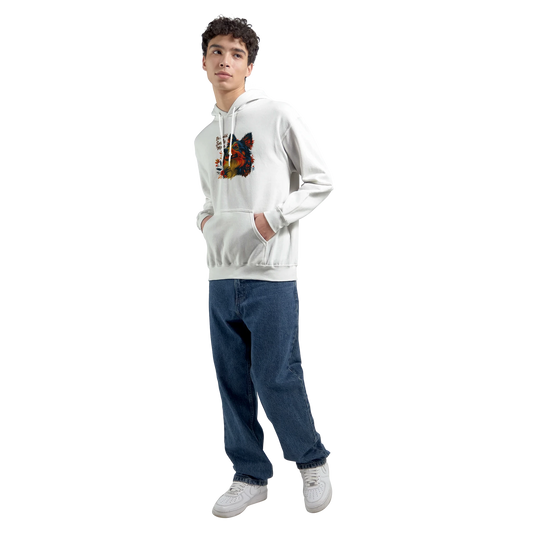 Model wearing the white hoodie from the front, highlighting the playful monkey artwork and casual relaxed fit.