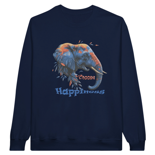 Front view — navy blue sweatshirt with “Choose Happiness” elephant graphic design