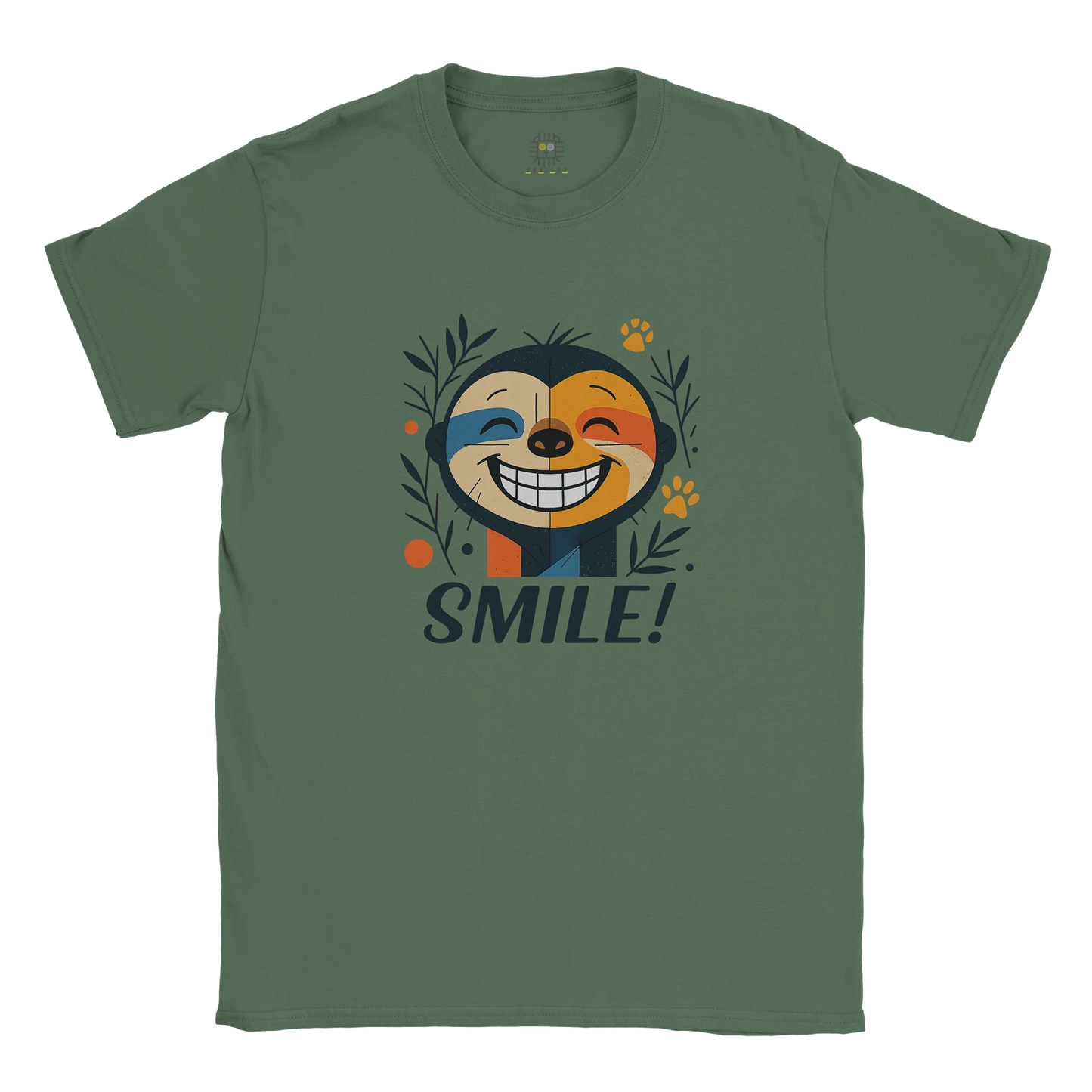 Green unisex T-shirt — front print: smiling face with leaves and SMILE!; flat lay.