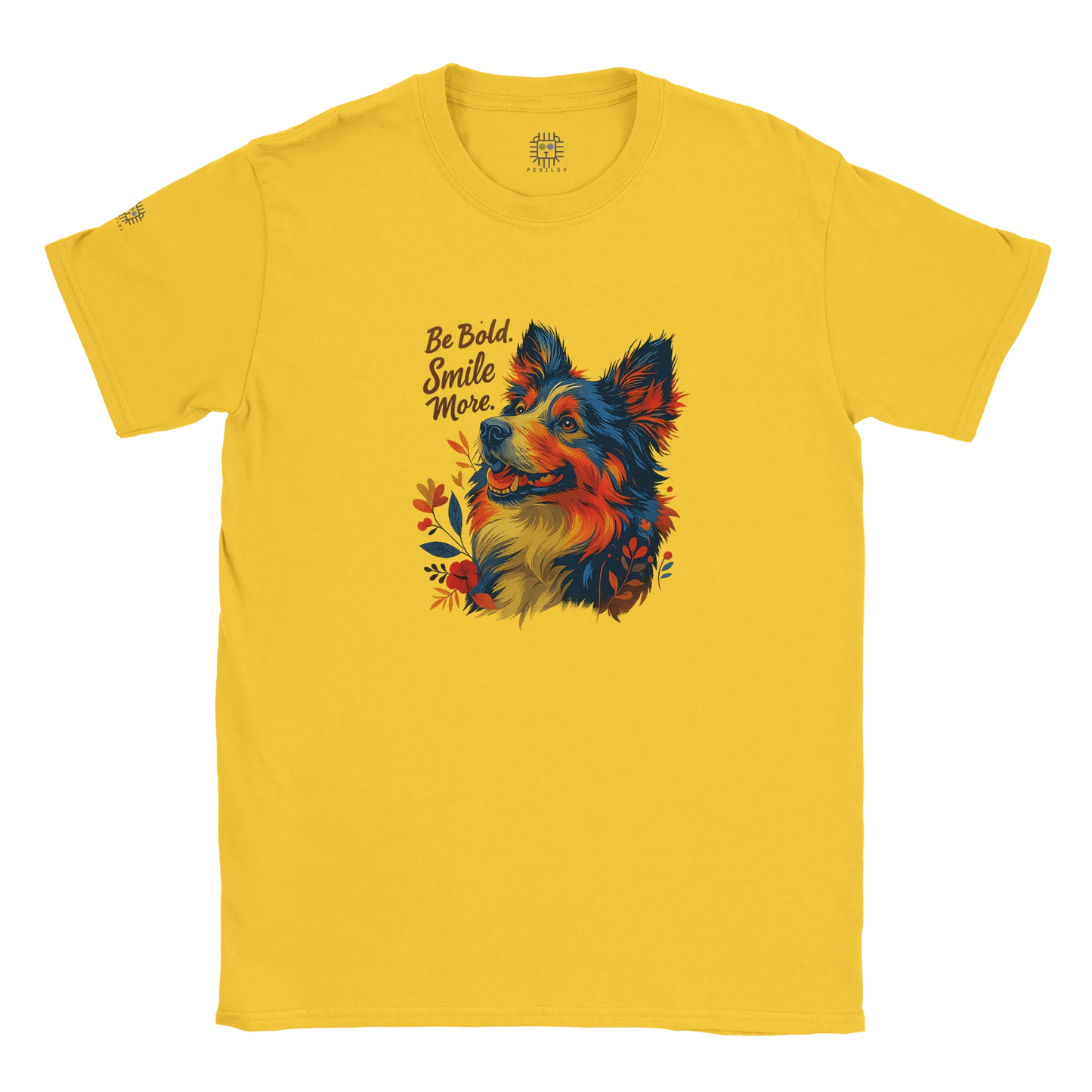 ellow T-shirt – Bright yellow unisex T-shirt with a multicolor Terrier graphic and inspirational text “Be Bold, Smile More.”