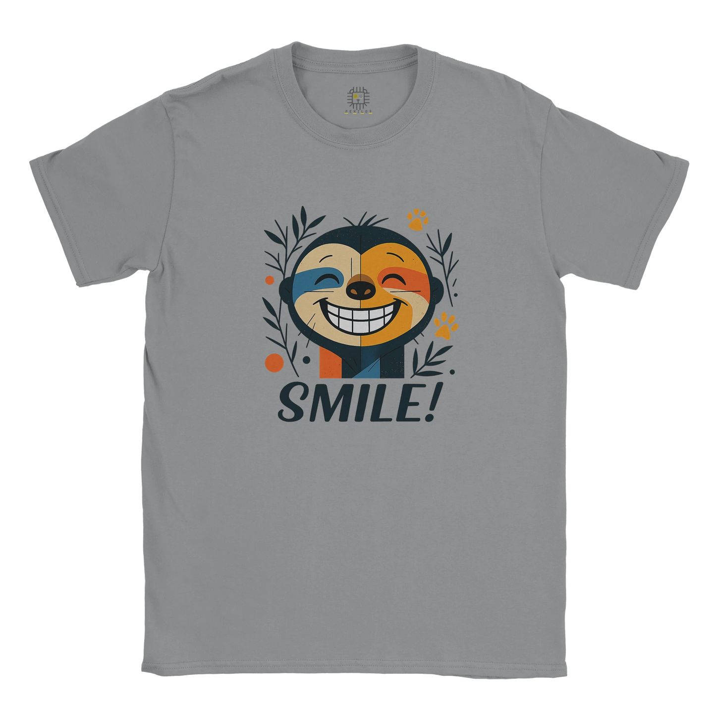 Light gray unisex T-shirt — front print: smiling face with leaves and SMILE!; flat lay.