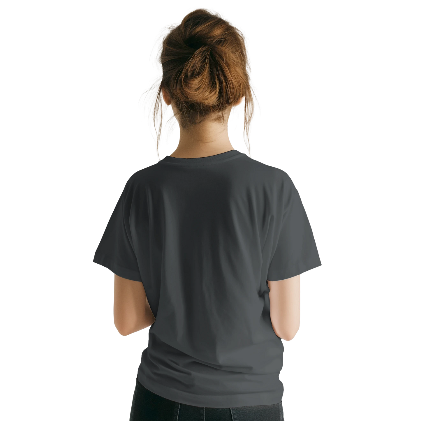 Female model wearing dark gray T-shirt — back view; plain, no print.