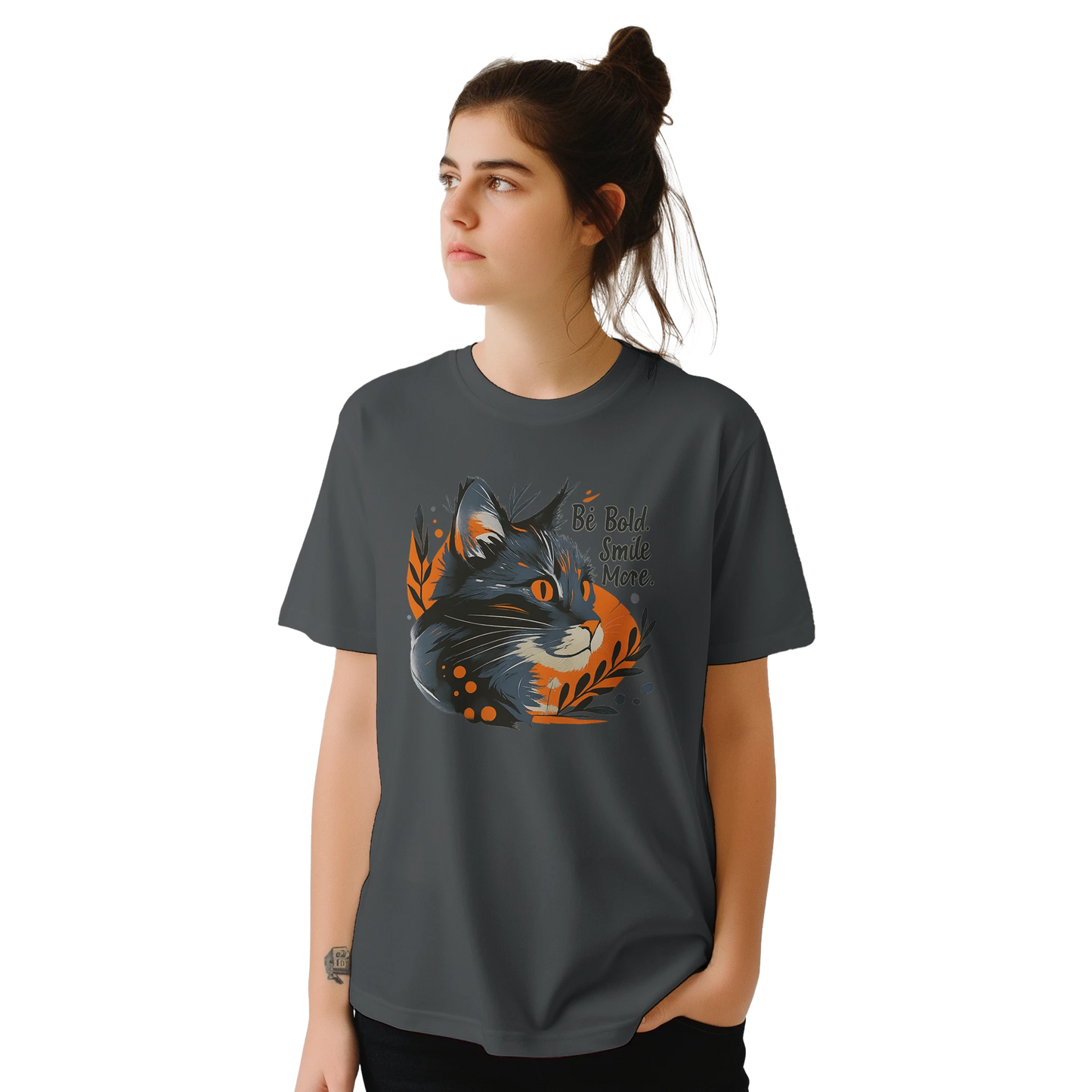 Female model wearing dark gray T-shirt — front view; same wolf-and-leaves graphic.