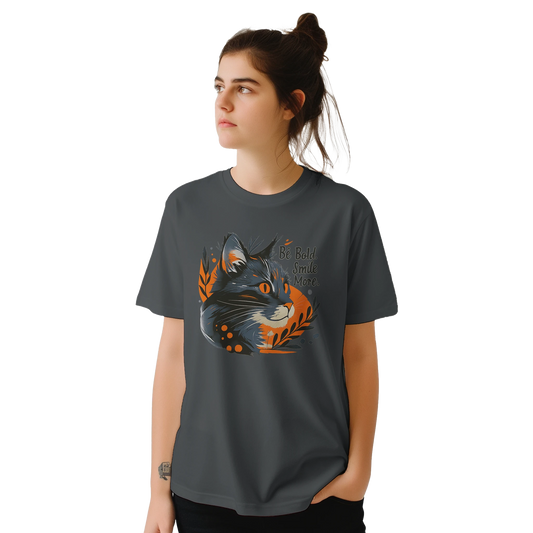 Female model wearing dark gray T-shirt — front view; same wolf-and-leaves graphic.