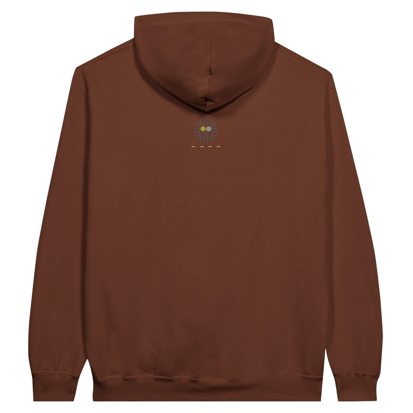 brown hoodie with monkey design, back view.