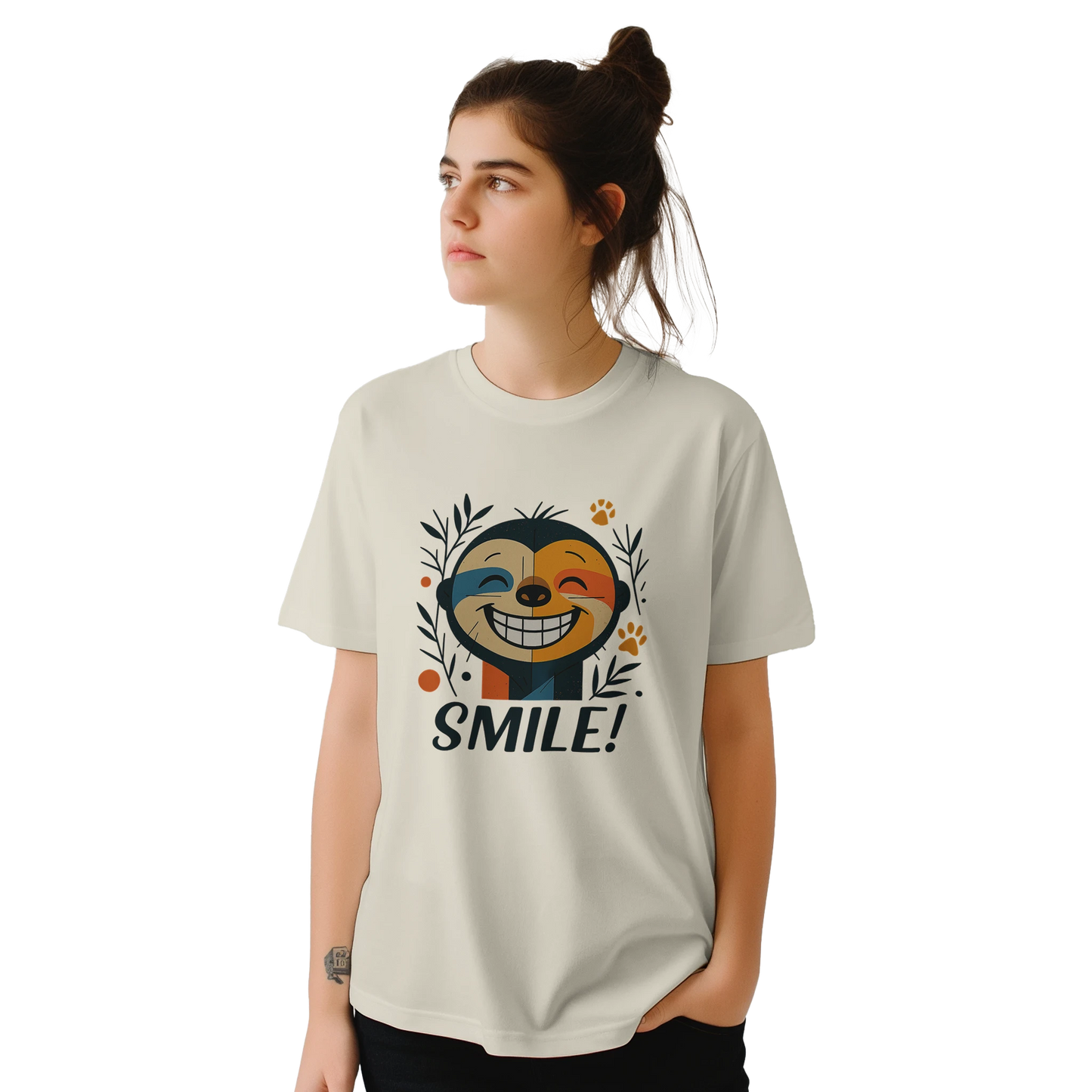 Female model wearing white T-shirt — front view; same graphic and text SMILE!.