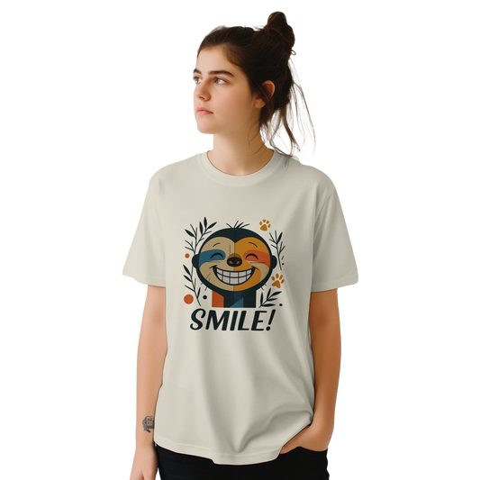 Female model wearing white T-shirt — front view; same graphic and text SMILE!.