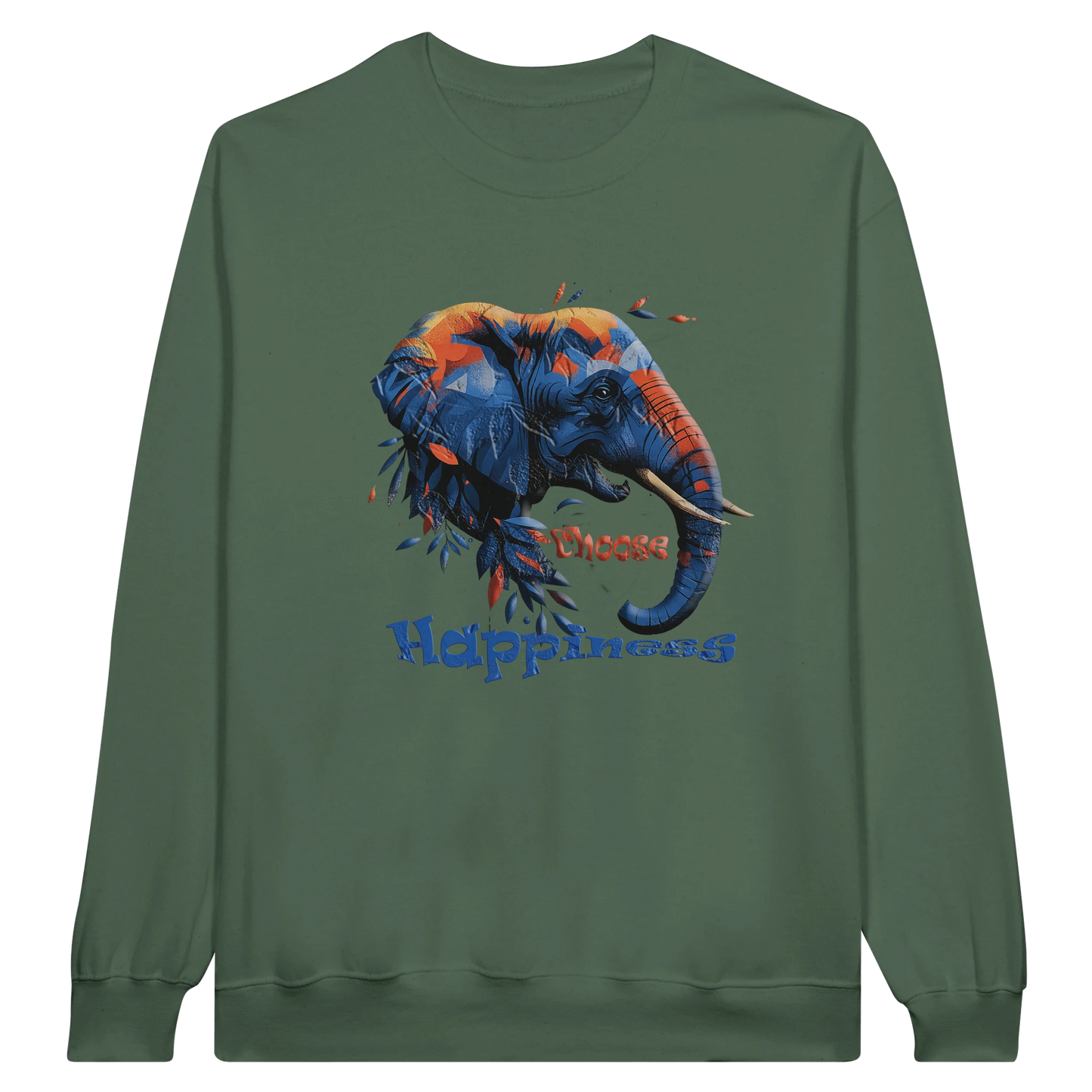 Front view — green sweatshirt with “Choose Happiness” elephant graphic design.