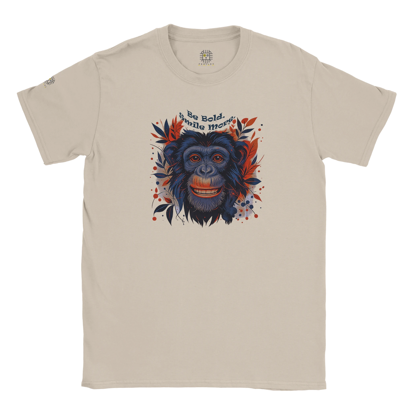 Beige unisex T-shirt with a chimpanzee illustration and slogan “Be Wild Stay Free,” displayed flat, close-up.