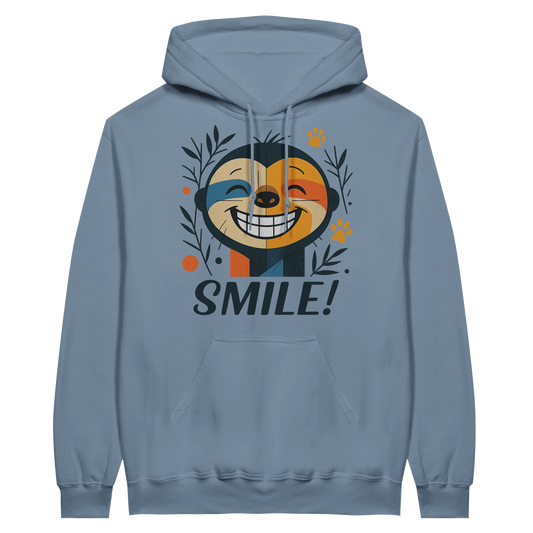 Light blue hoodie featuring smiling sloth artwork and motivational text.