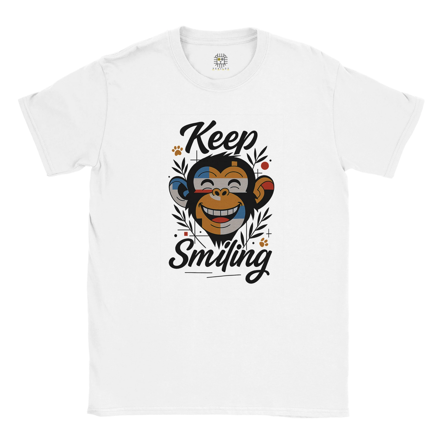 White unisex T-shirt — front print: smiling monkey with Keep Smiling; flat lay.