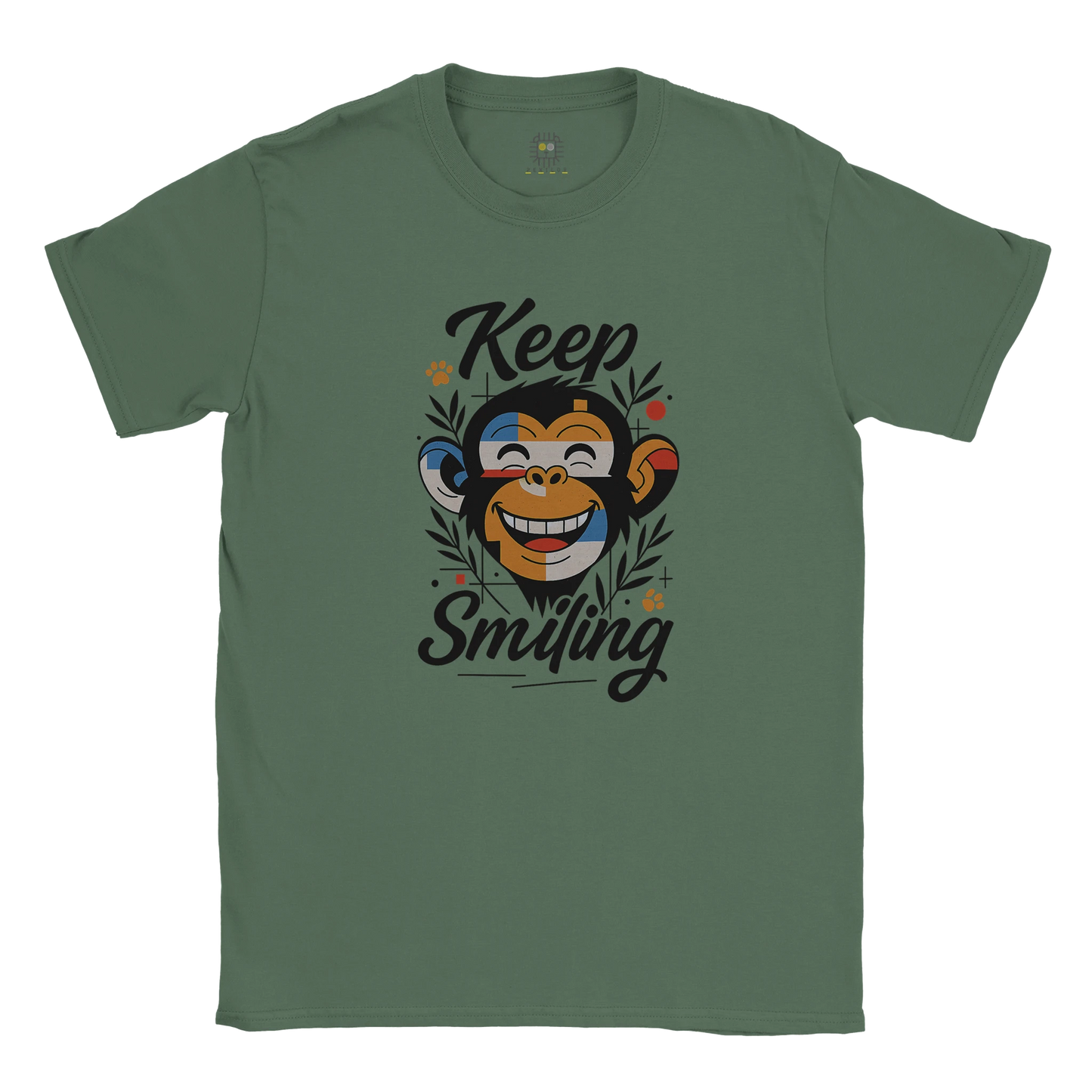 Green unisex T-shirt — front print: smiling monkey illustration with the words Keep Smiling; flat lay.