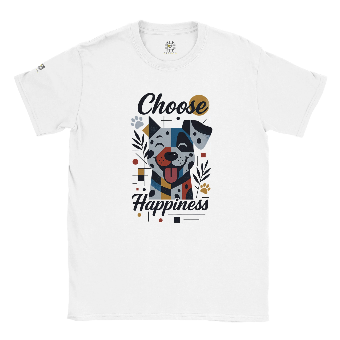 White unisex T-shirt with colorful dog illustration and the slogan “Choose Happiness,” displayed flat.