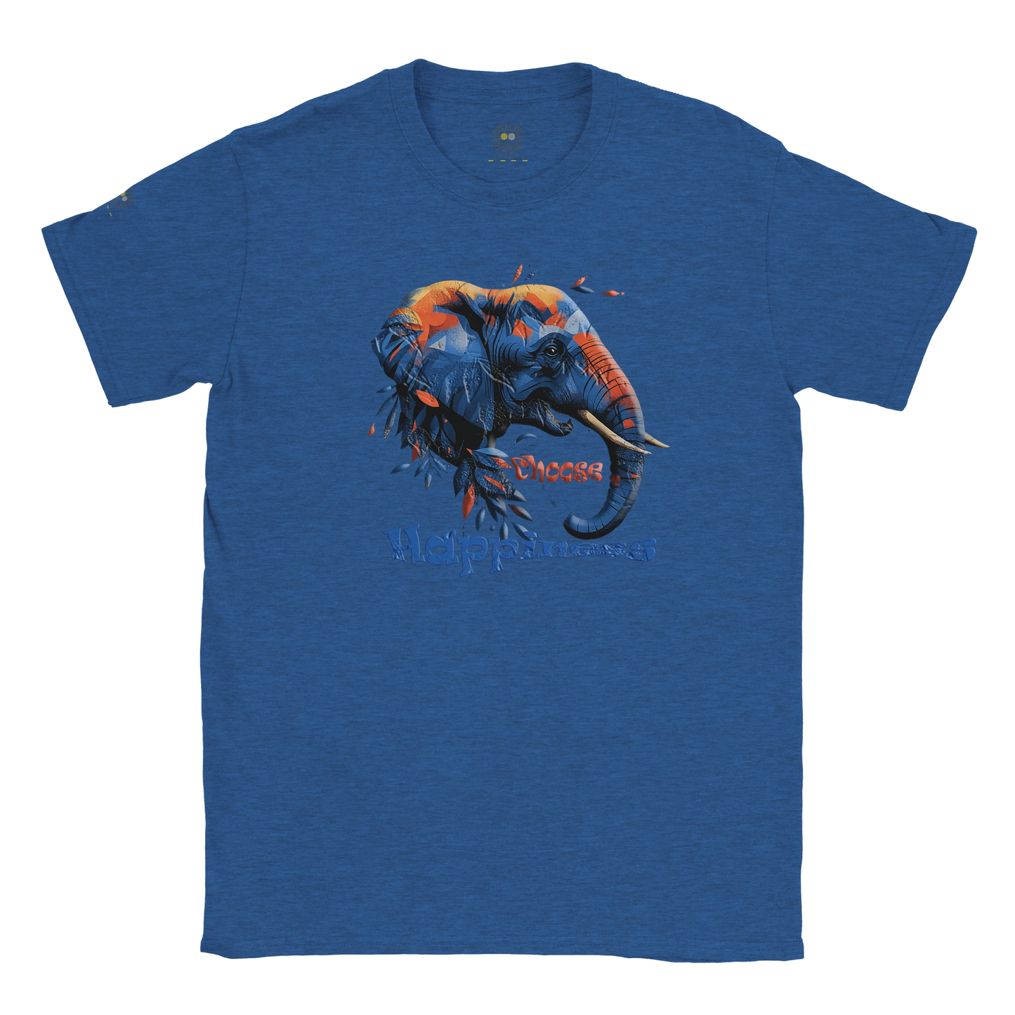 Blue unisex T-shirt with a colorful dog illustration and the slogan “Happiness is a Choice,” displayed flat.