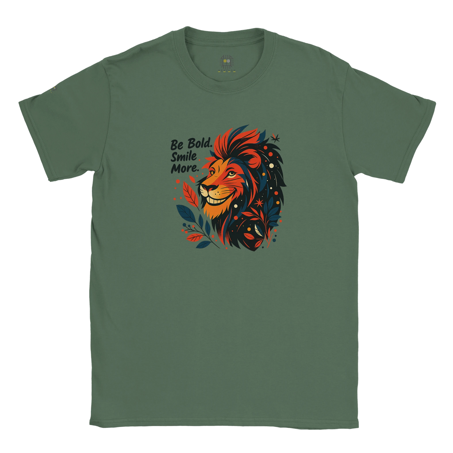 Green unisex T-shirt with a lion illustration and slogan “Be Bold Stay Strong,” displayed flat.
