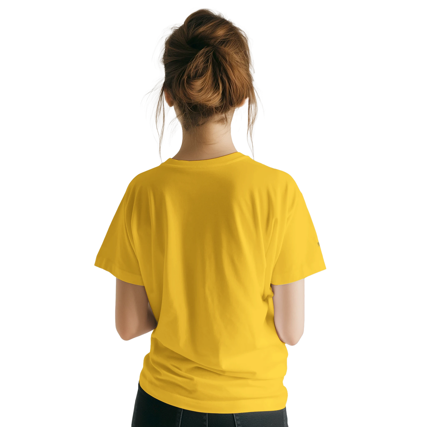 Female model wearing a yellow T-shirt with a lion illustration and slogan “Be Bold Stay Strong,” back view