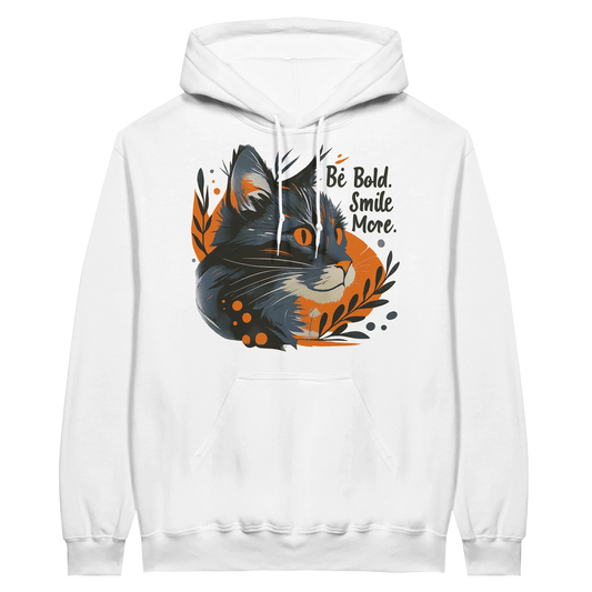 Grey midweight fleece adult hoodie featuring cat graphic with orange leaves and inspirational quote.