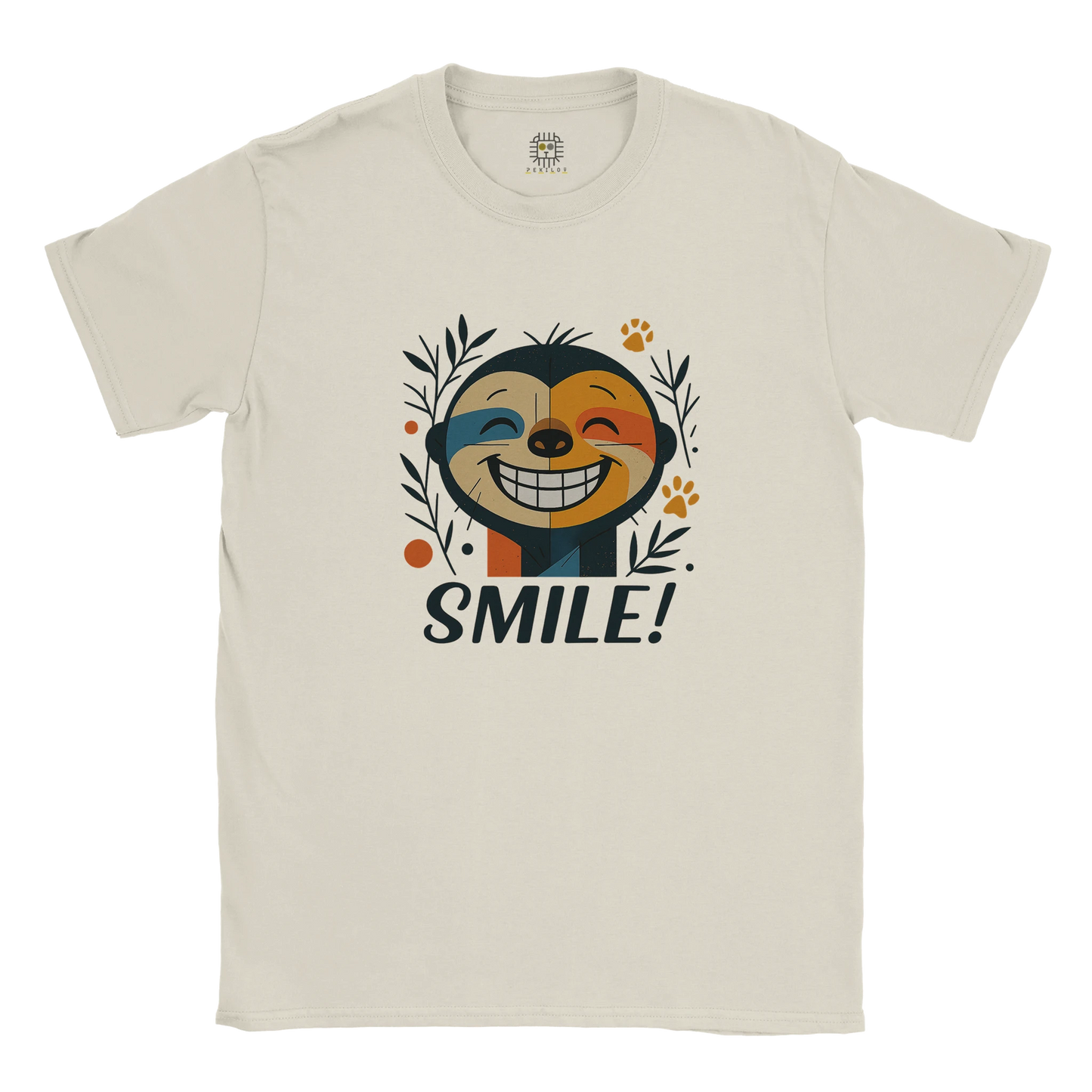 Beige unisex T-shirt — front print: cheerful smiling face with leaves and the word SMILE!; flat lay.
