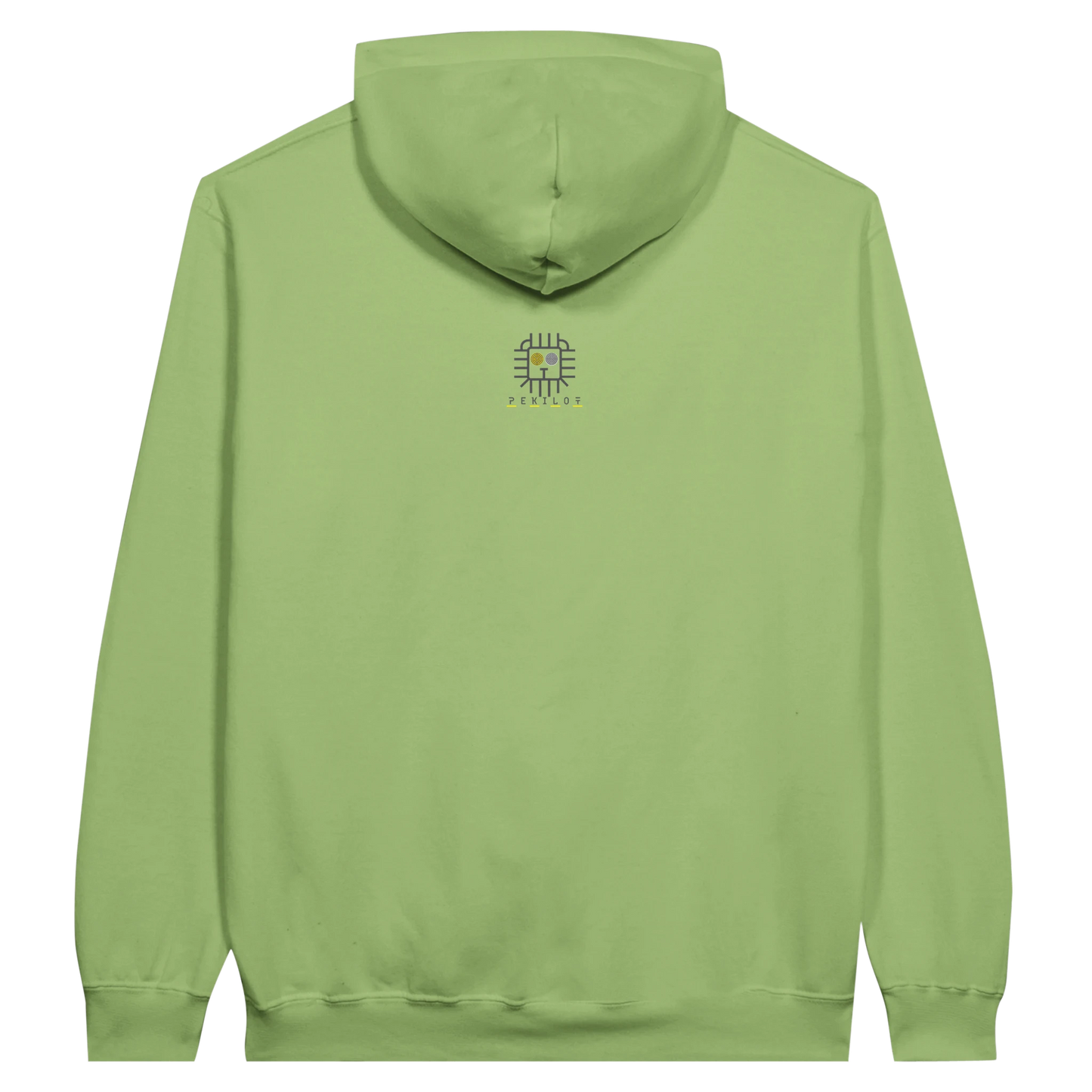 Back view of green hoodie with sloth “SMILE!” artwork.