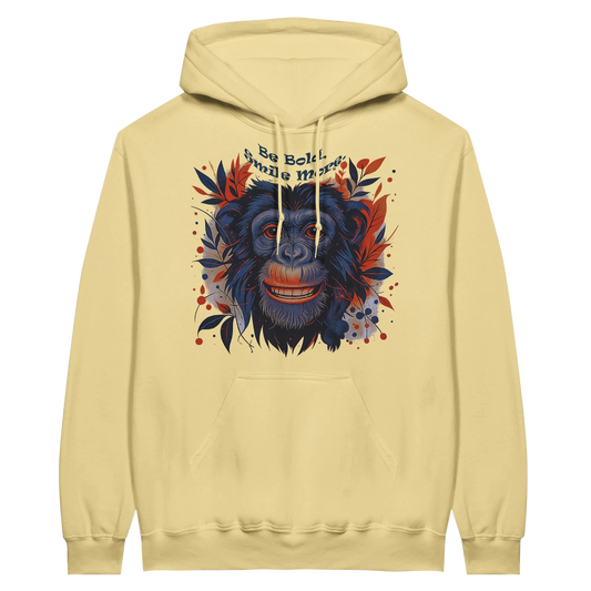 Yellow hoodie featuring bold chimpanzee design and motivational text.