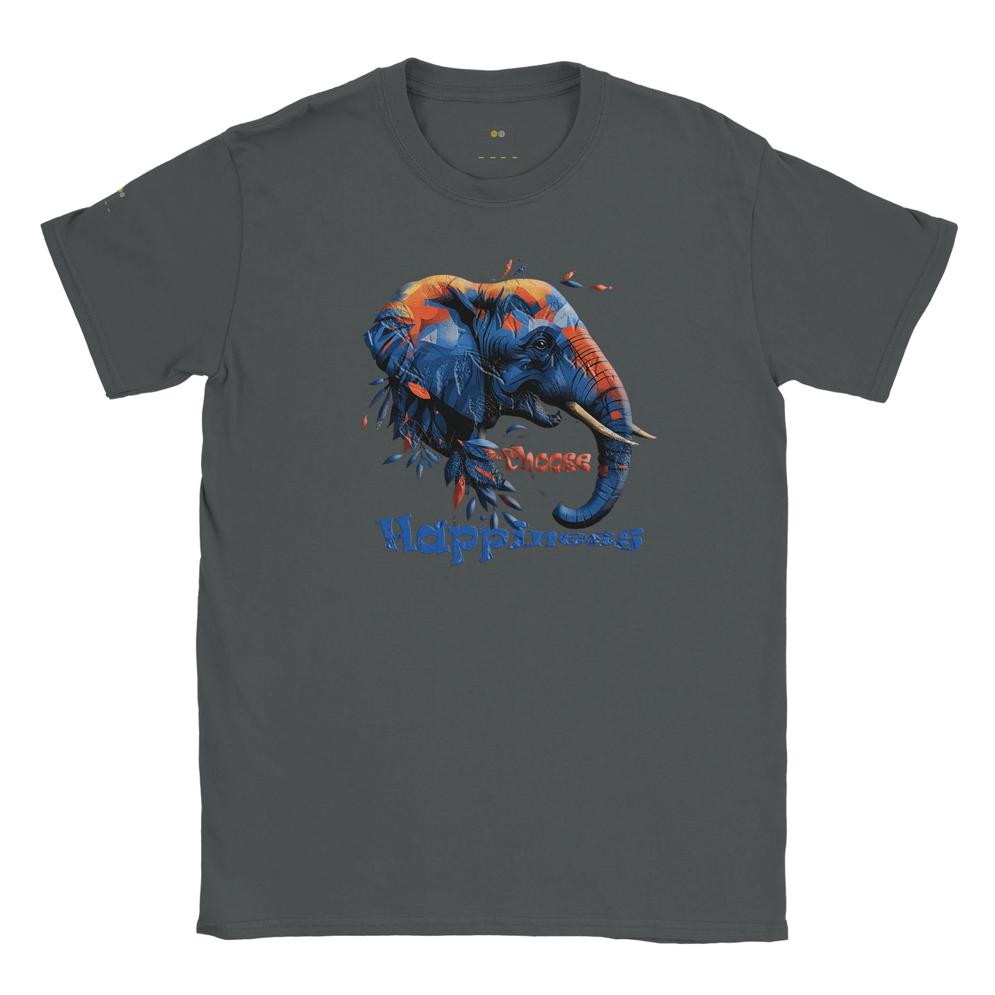 Dark gray unisex T-shirt with a colorful dog illustration and the slogan “Happiness is a Choice,” displayed flat.