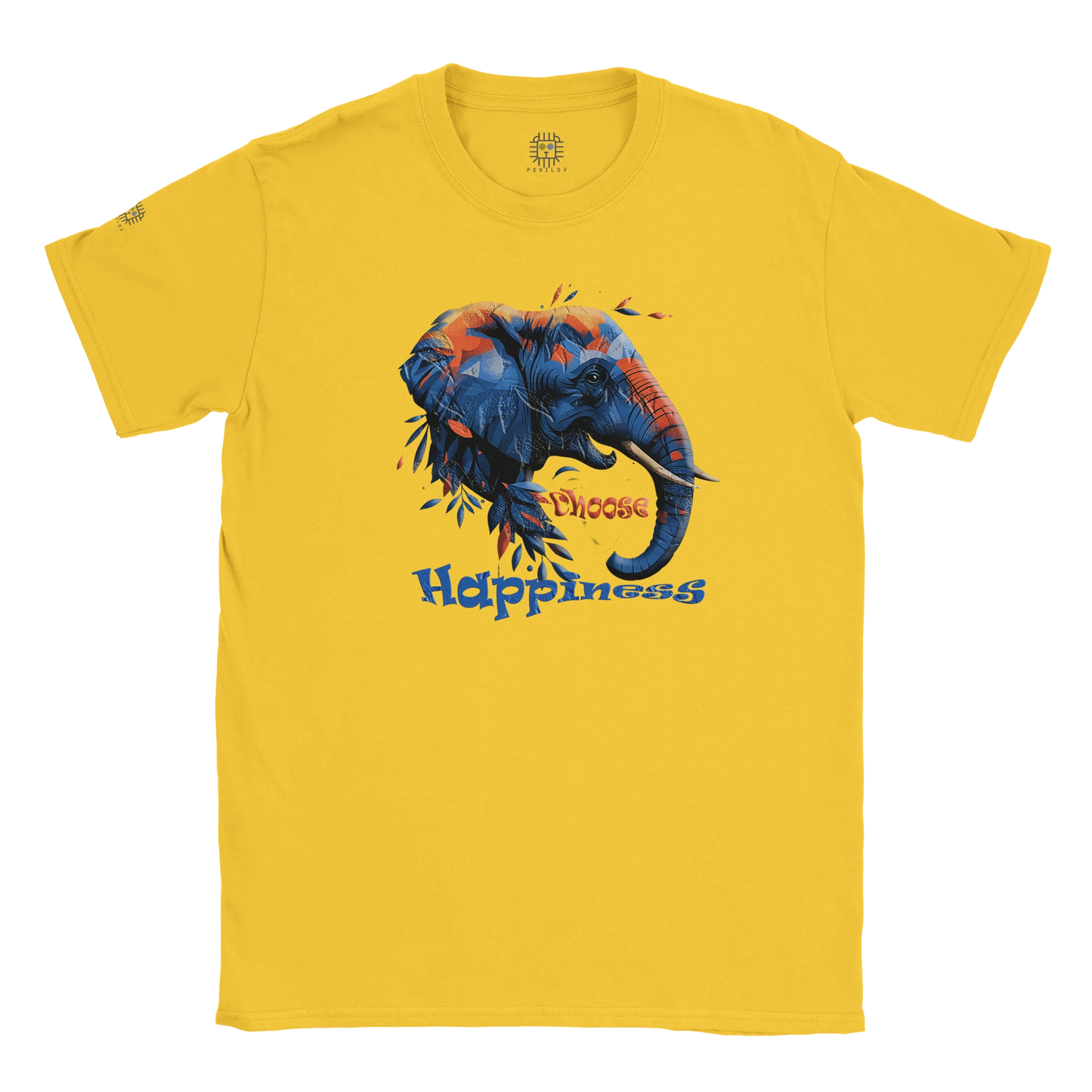 Yellow unisex T-shirt with a colorful dog illustration and the slogan “Happiness is a Choice,” displayed flat.