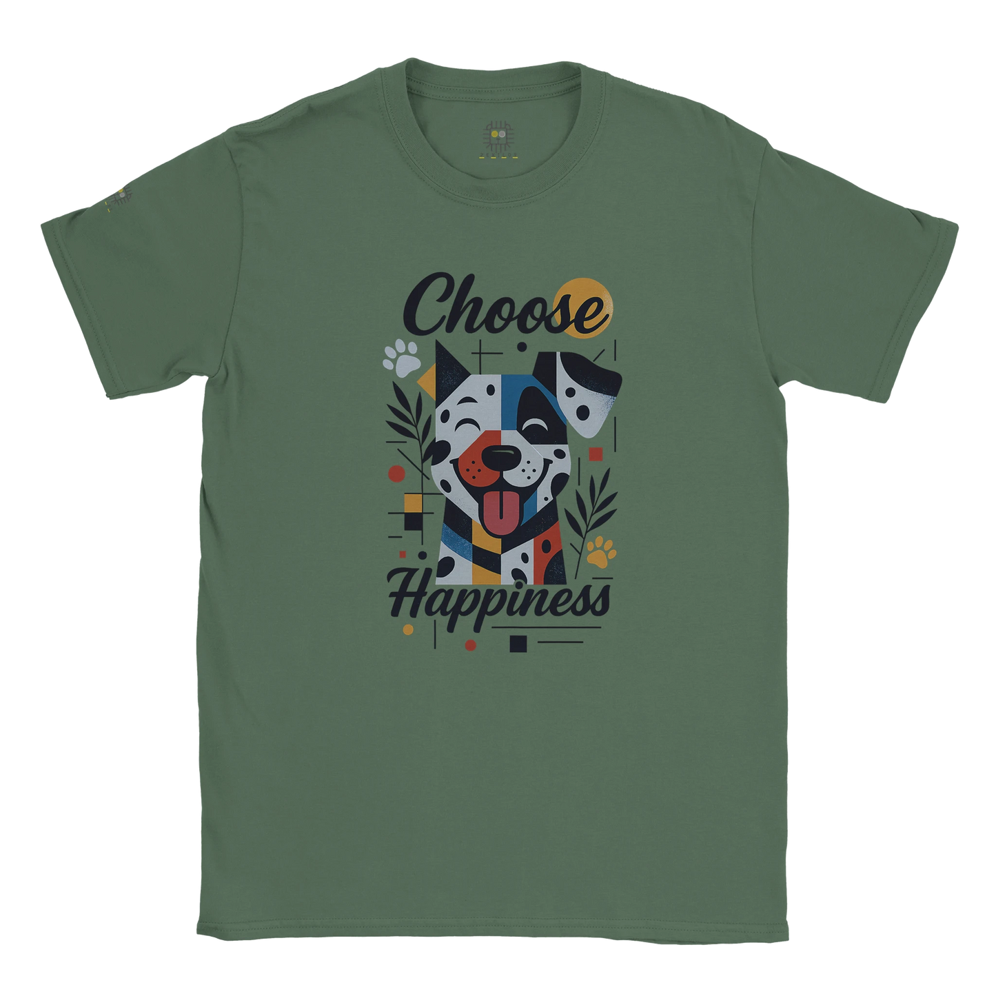 Green unisex T-shirt with colorful dog illustration and the slogan “Choose Happiness,” displayed flat.