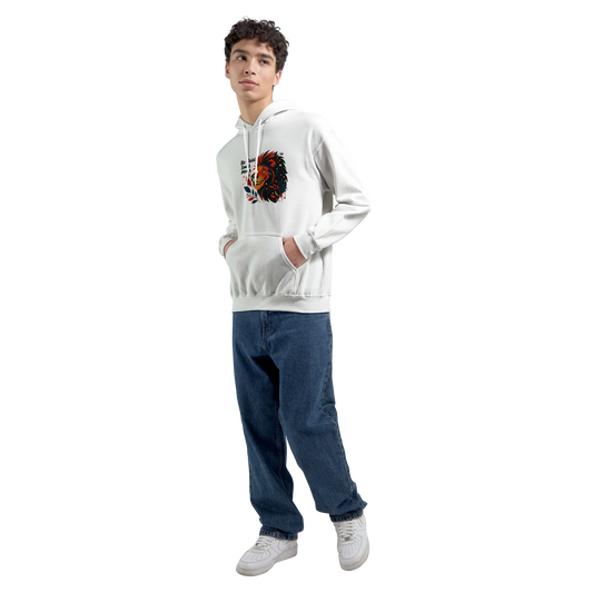 Model wearing the white hoodie from the front, highlighting the comfortable fit and the motivational lion graphic design.