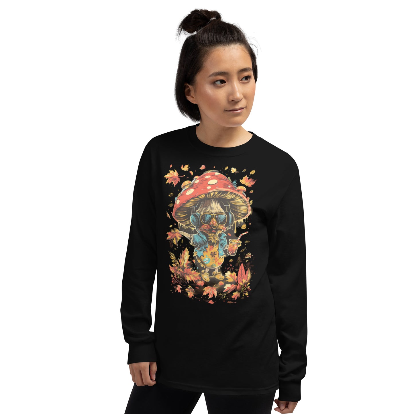 Black crewneck sweatshirt laid flat with funny mushroom and fall leaves print – MushLOL Collection.
