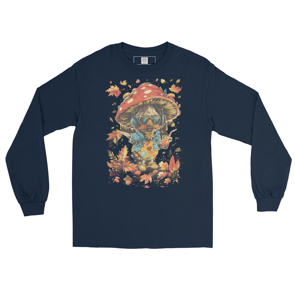 Navy crewneck sweatshirt laid flat with funny mushroom and fall leaves print – MushLOL Collection.