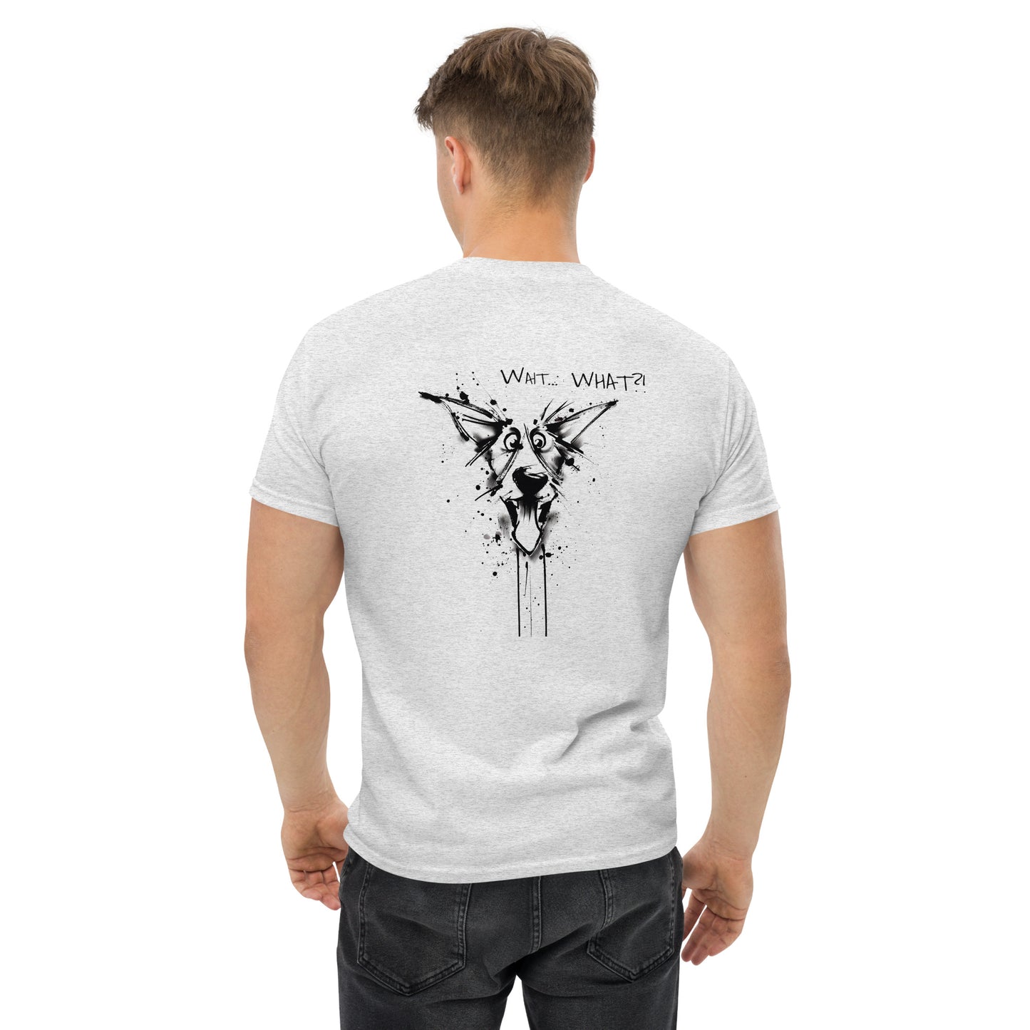 Male model wearing white T-shirt, back view, Border Collie dog graphic "Wait WHAT".