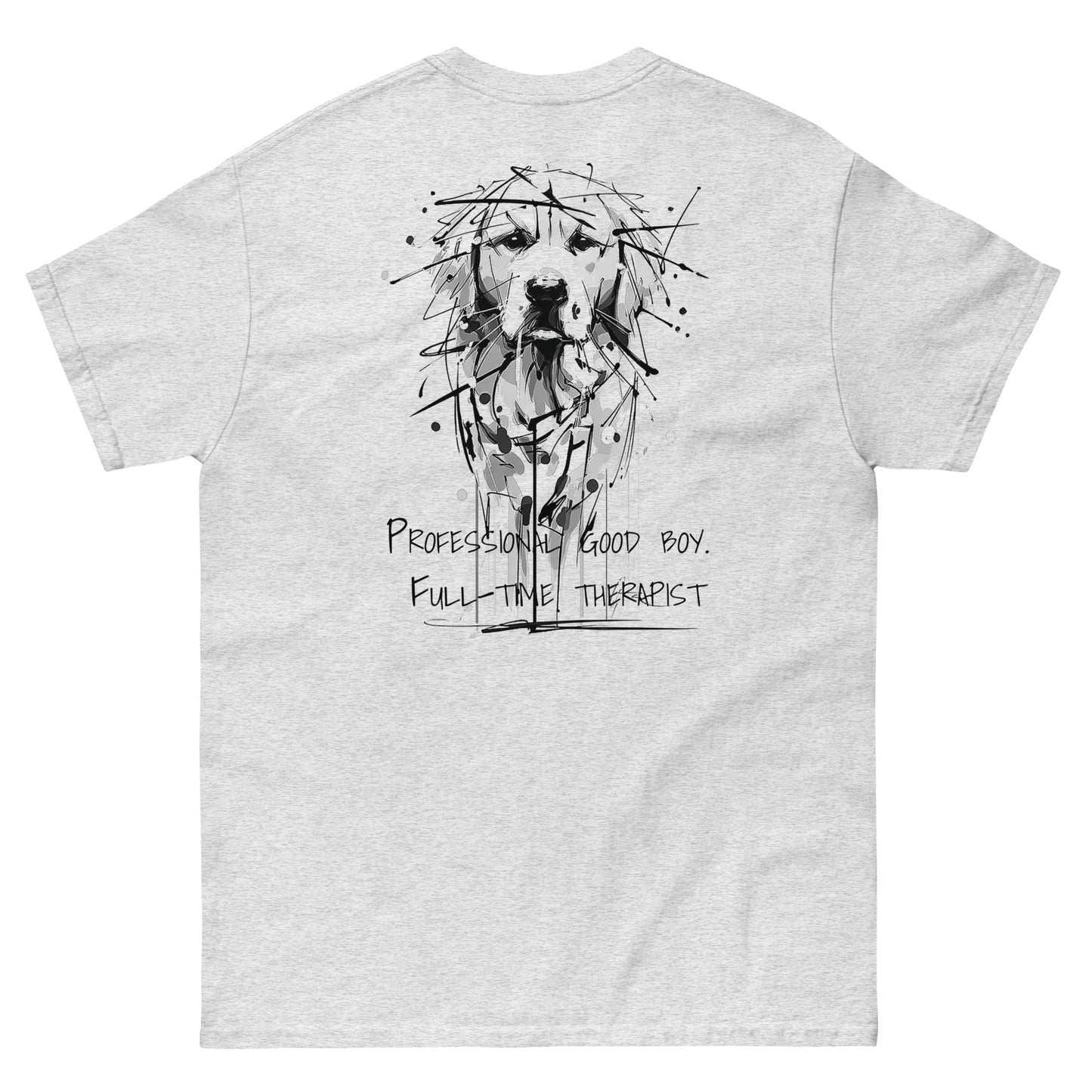Gray unisex T-shirt – black ink Golden Retriever dog illustration,back view.