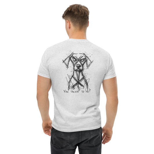White unisex T-shirt – black line art dog boxer illustration, back view on male model.