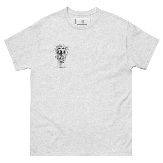 Gray unisex T-shirt – black ink Golden Retriever dog illustration, front.