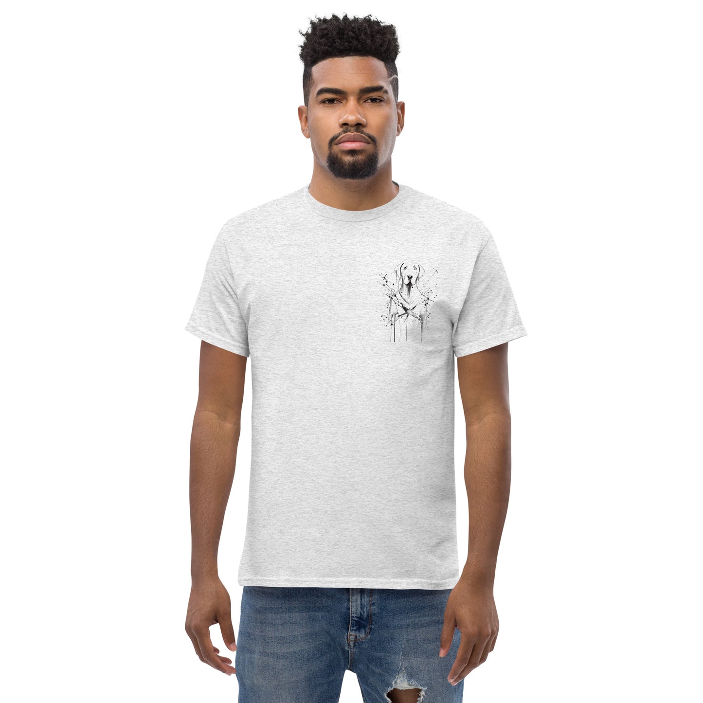 Gray unisex T-shirt – abstract black line art dog, front view on male model.