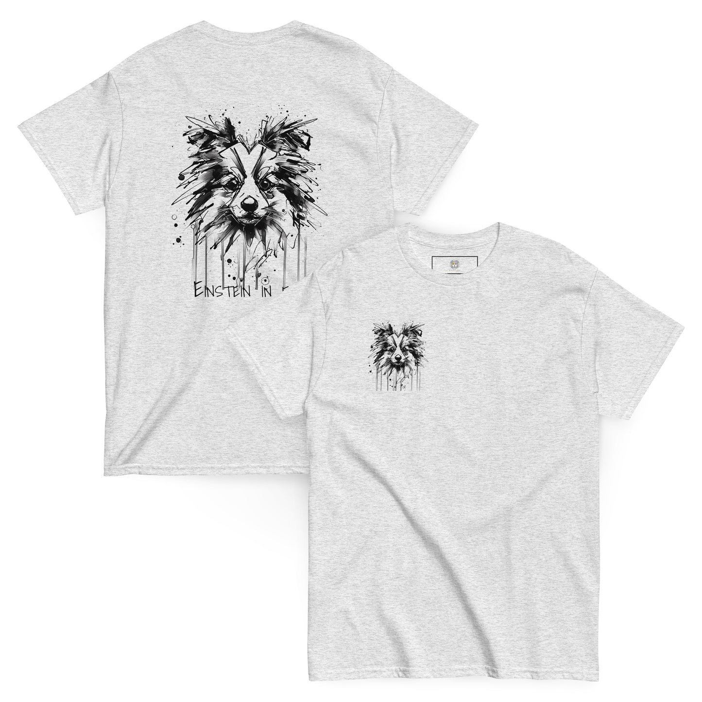 Gray unisex T-shirt – black ink Border Collie dog illustration, front and back view.