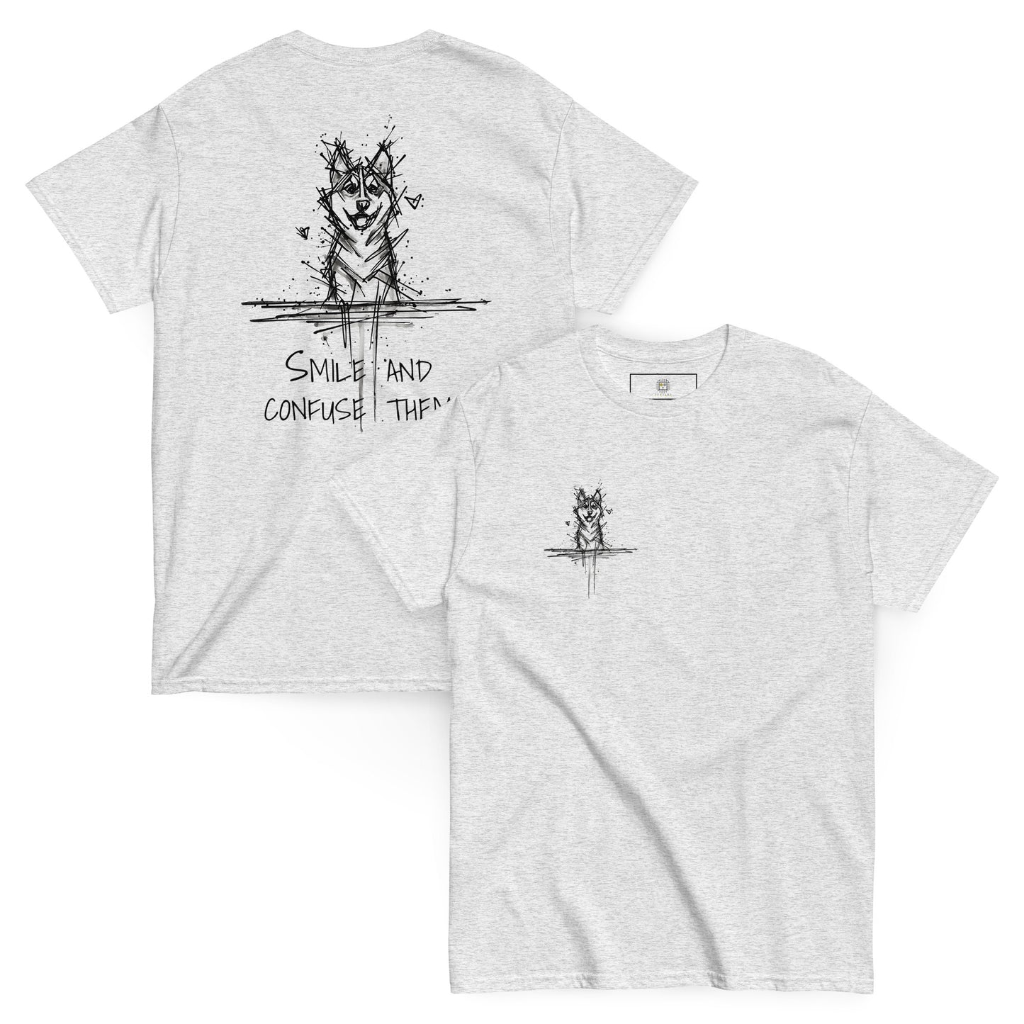Light grey T-shirt, front and back view. Features a hand-drawn Siberian Husky illustration with the word "Confuse", from the Unleashed Lines collection.